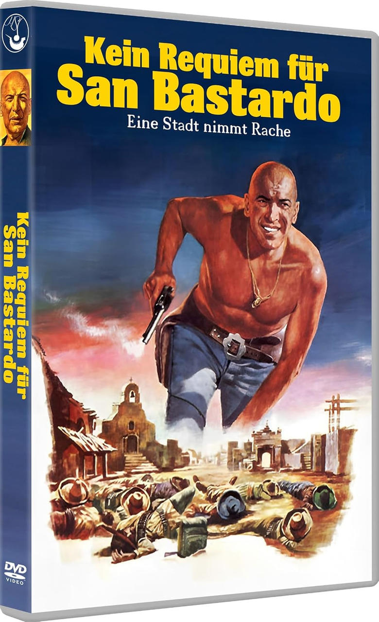 Filmposter. Ein Mann mit einer Waffe, ohne Hemd, steht über gefallenen Männern. Titel: Kein Requiem für San Bastardo.