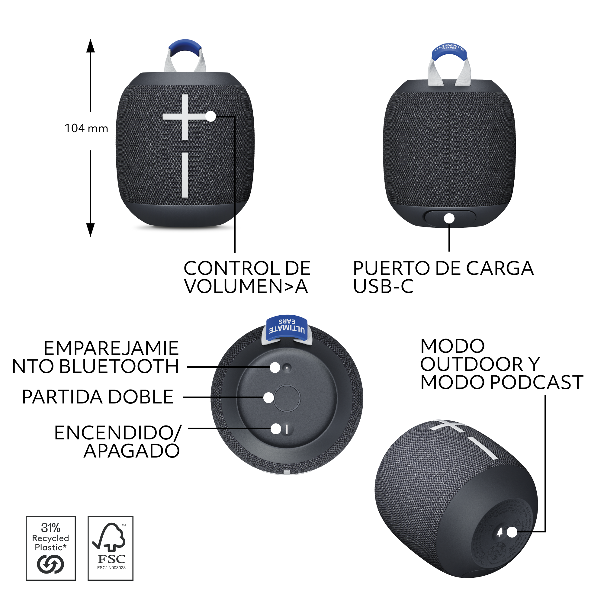 Altavoz UE negro y azul con etiquetas de texto y dimensiones. El altavoz está en blanco.