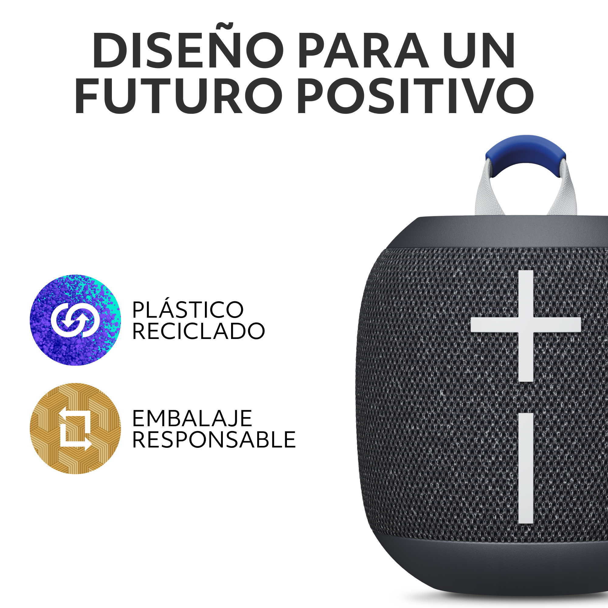 Altavoz negro y gris con asa azul y texto de reciclaje.