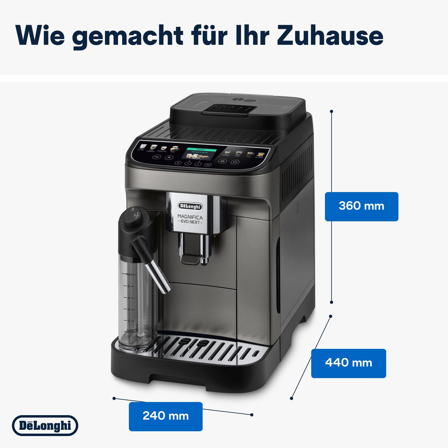 Delonghi Magnifica Evo Kaffeemaschine mit den Maßen: 240 mm, 360 mm und 440 mm.