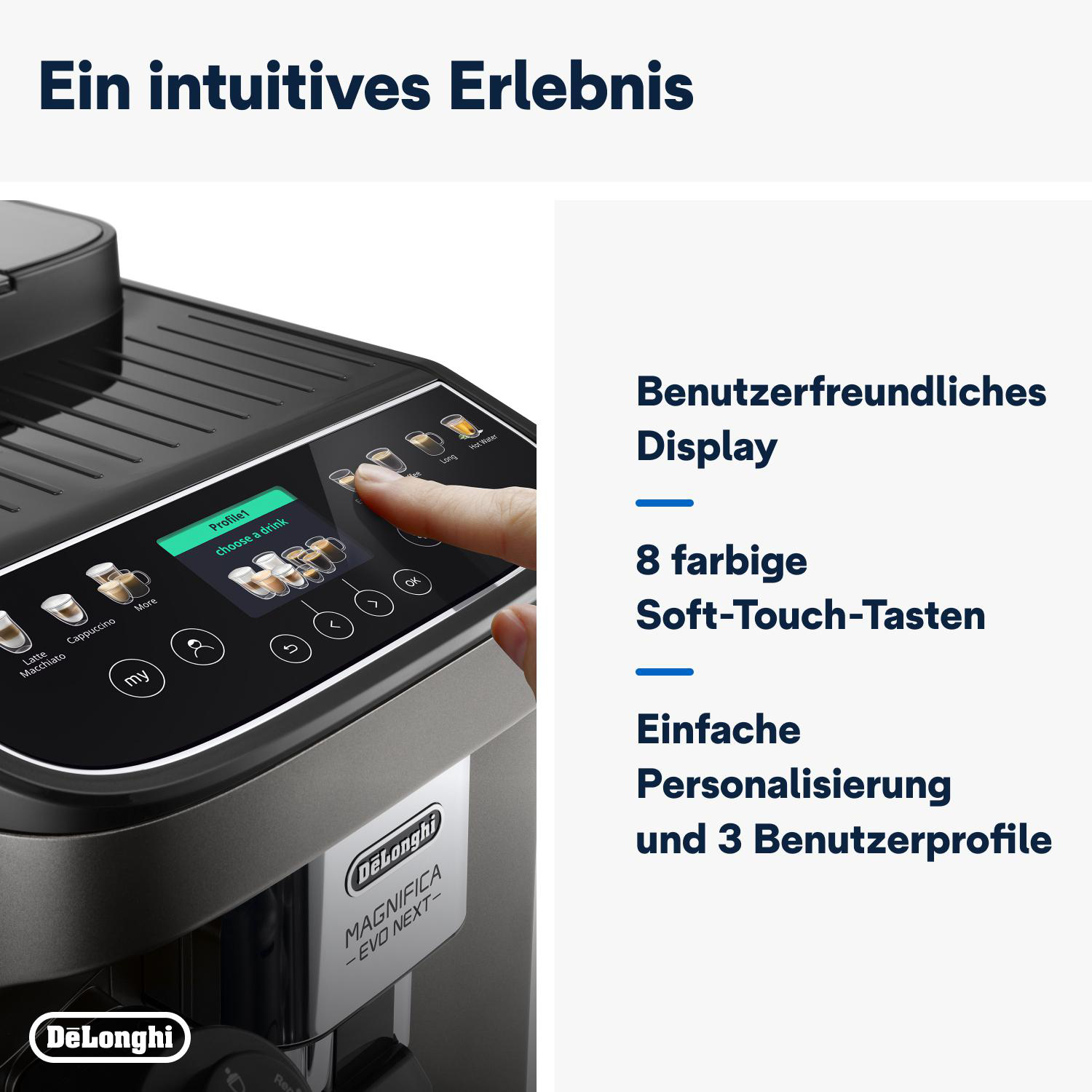 Kaffeemaschinen-Oberfläche. Display zeigt Kaffeeoptionen. Text sagt 'DeLonghi'. Funktionen sind rechts gelistet.