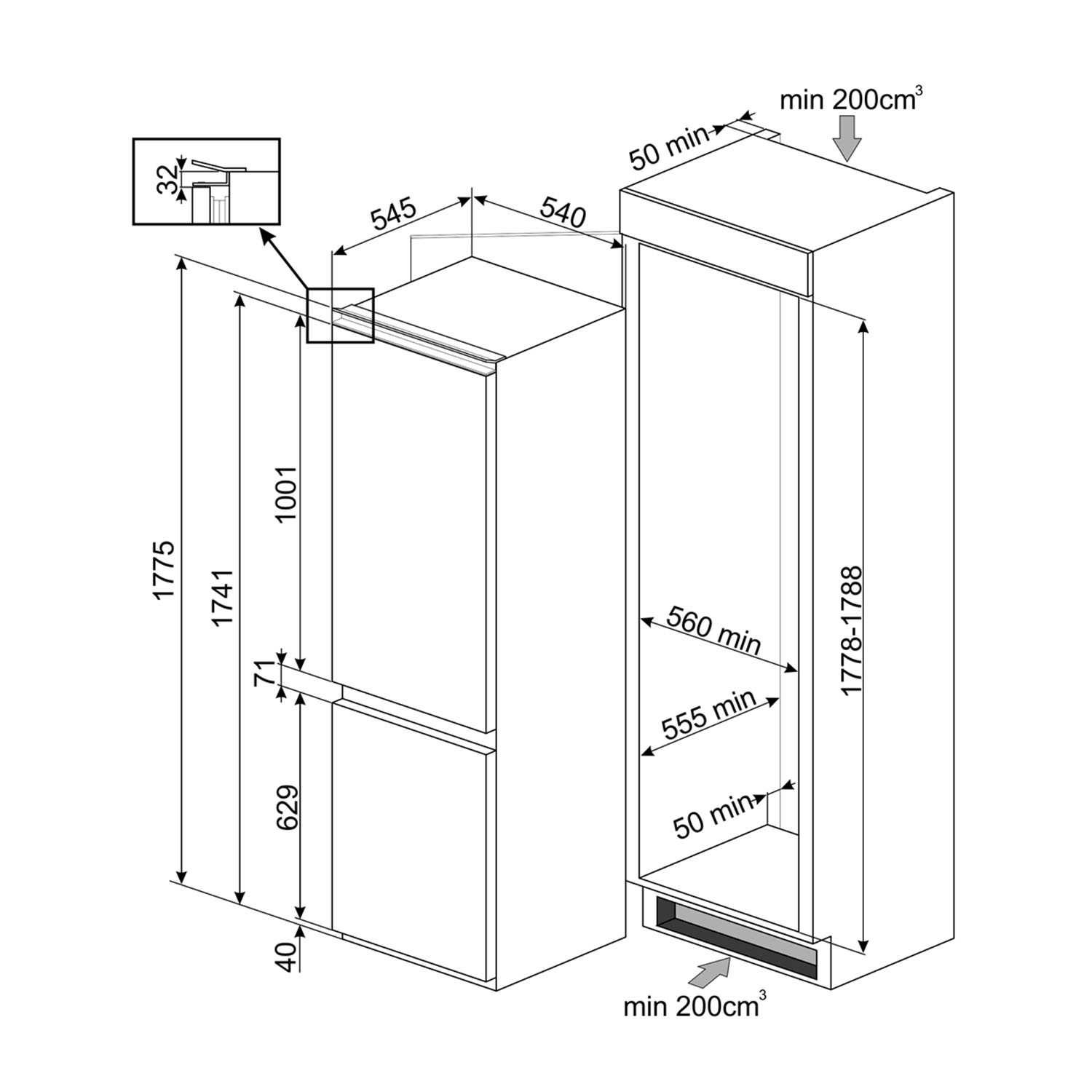 Un diagramma di un frigorifero con dimensioni e misure, incluso lo spazio interno.