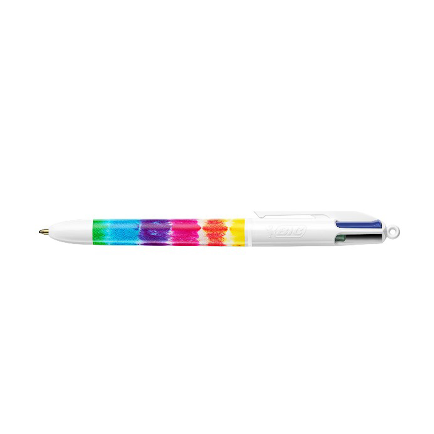 Una penna BIC bianca con sezioni di inchiostro verde, blu, rosa e giallo.