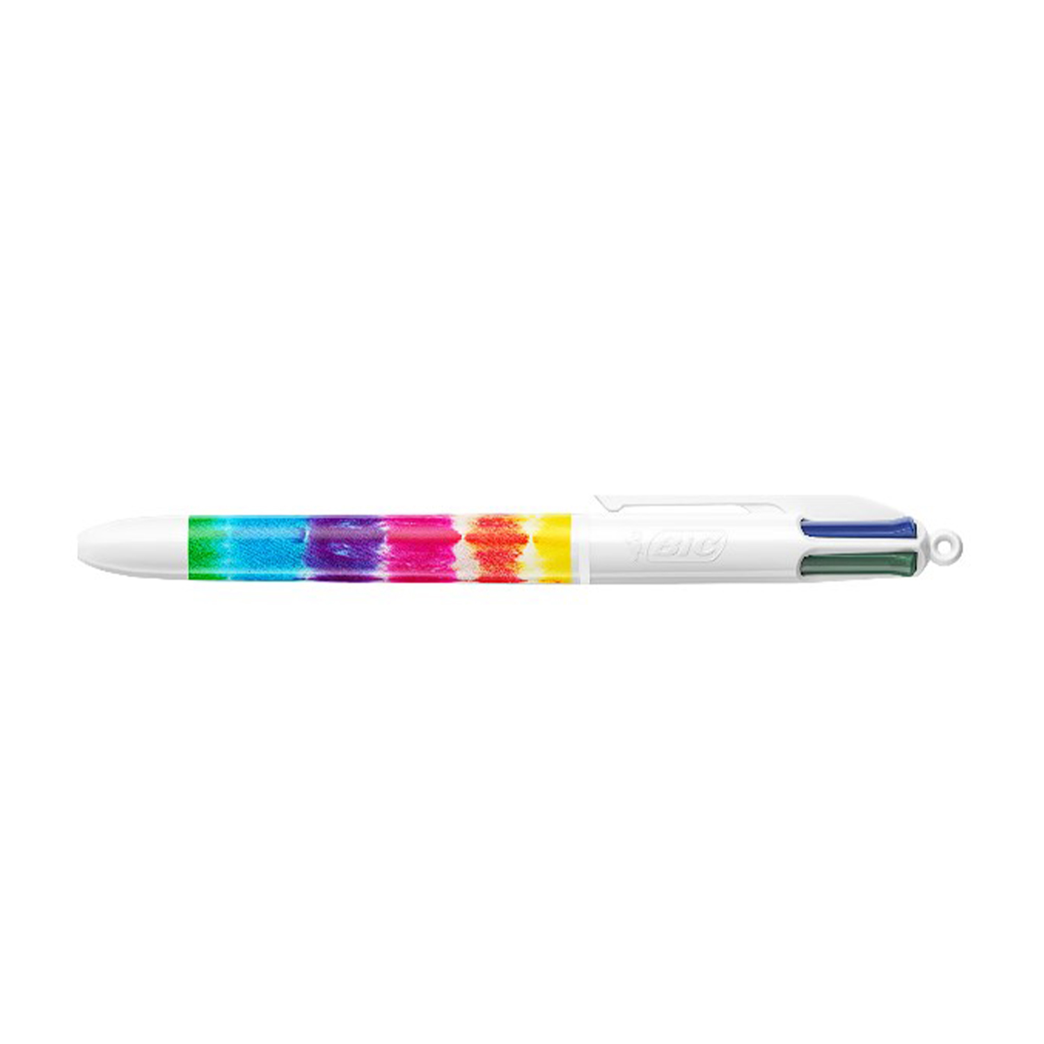 Una penna bianca con un design tie-dye sul fusto. Ci sono quattro punte colorate.