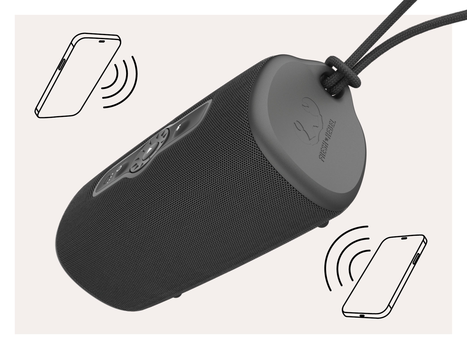 Black speaker with phone icons, indicating wireless connection. Black cord is visible.