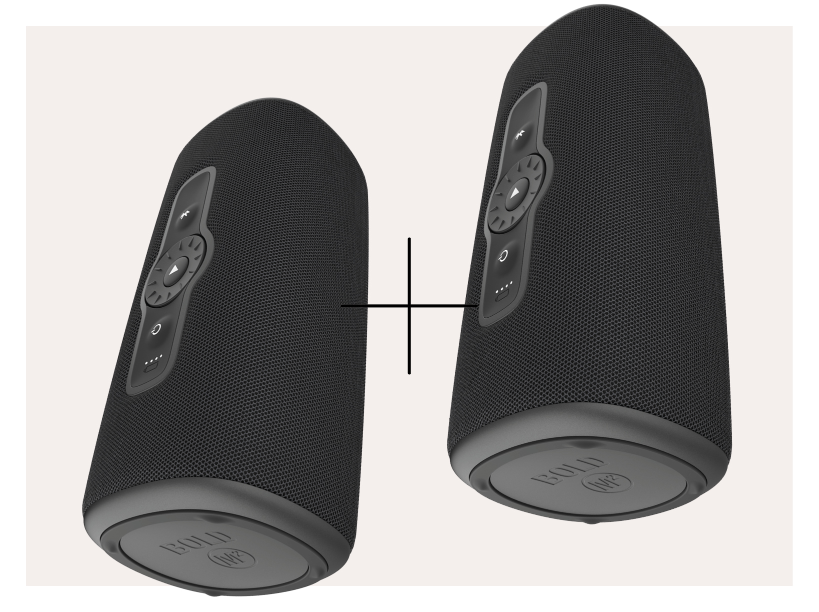 Two black speakers with volume control buttons. A plus sign is between them.