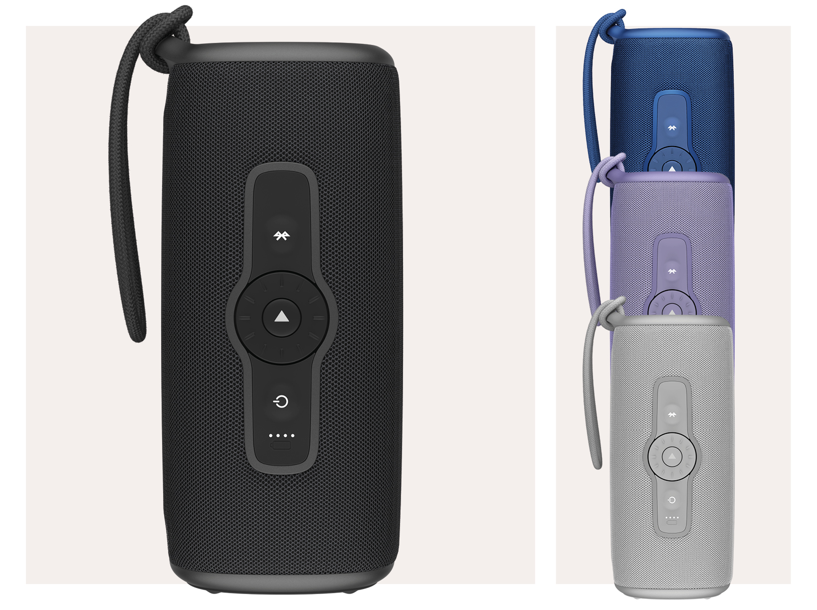 Multiple portable speakers. Black speaker on left, three colored speakers on the right.