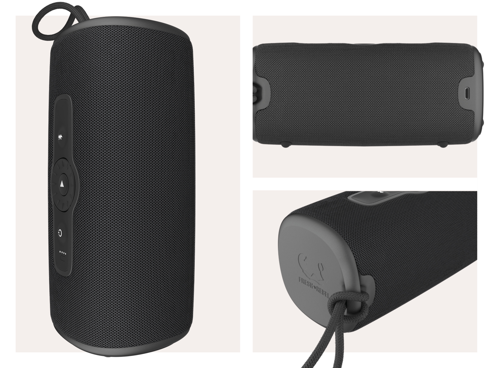 Black cylindrical speaker with control buttons and a handle. Side, top, and angled views are shown.