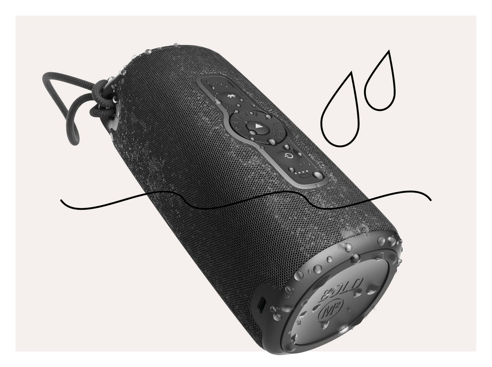 A black speaker with water drops and a water wave drawn on it. The speaker is on a white background.