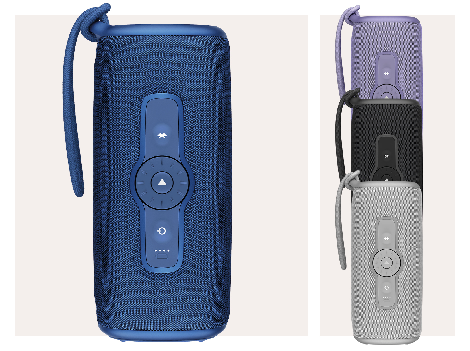 Three speakers, blue, black, and gray, with a handle and control buttons.