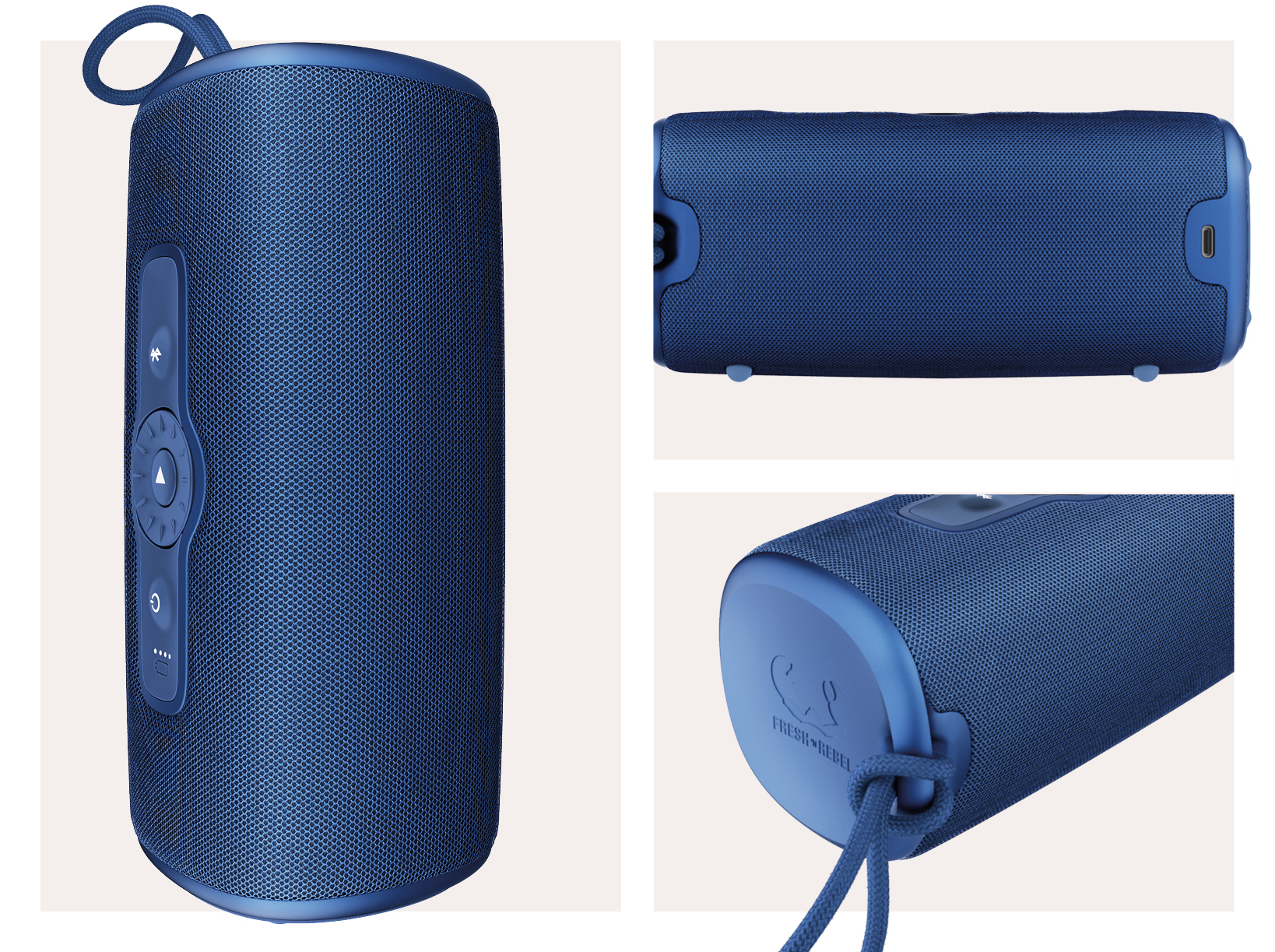 Blue cylindrical speaker with control buttons. Multiple angles, with a blue lanyard loop.