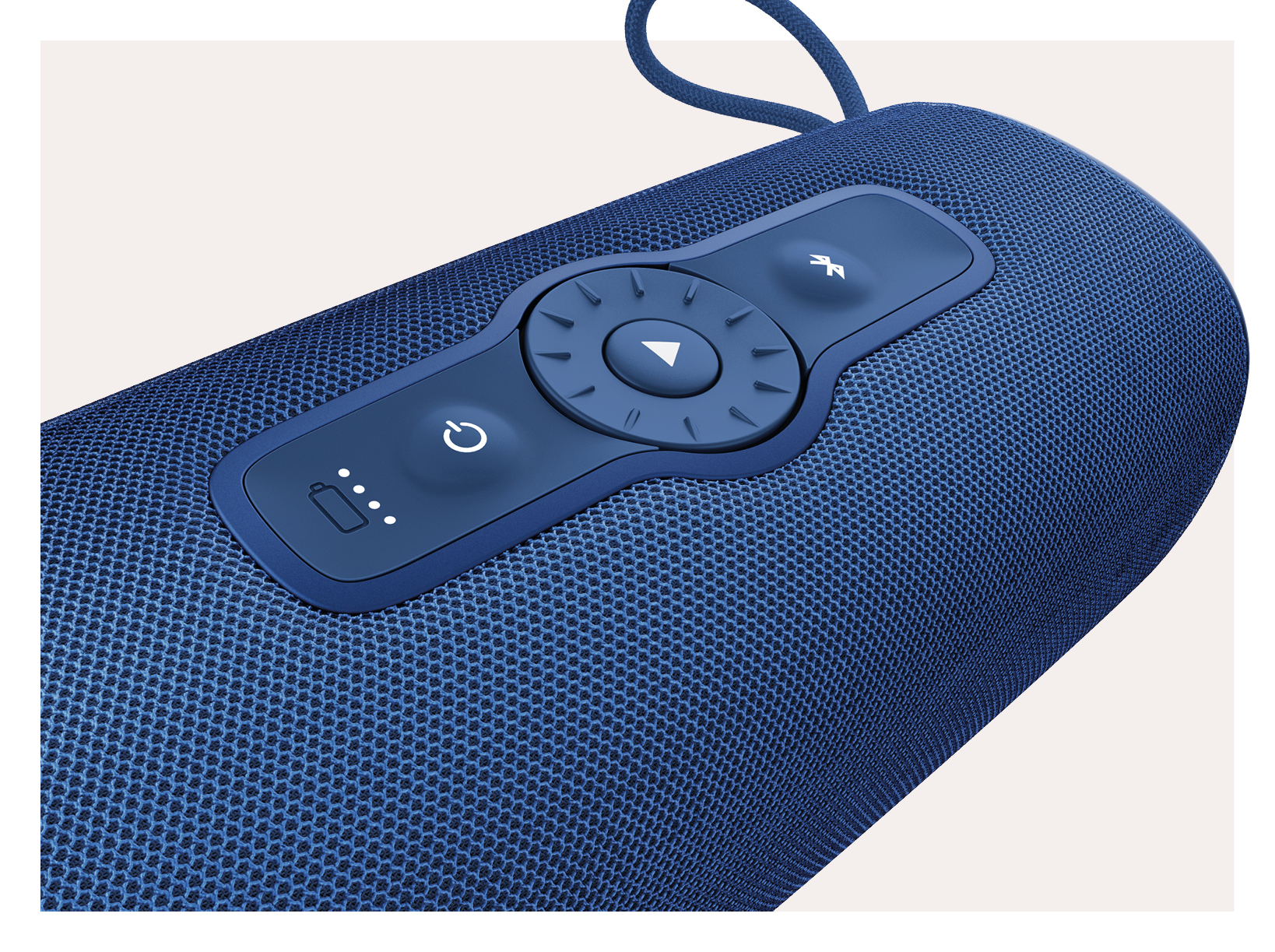 A blue speaker with buttons for power, play/pause, and Bluetooth.
