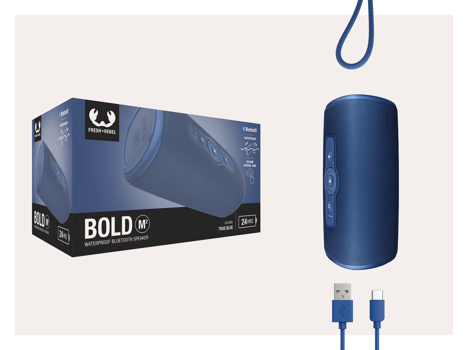 A blue portable bluetooth speaker with accessories.