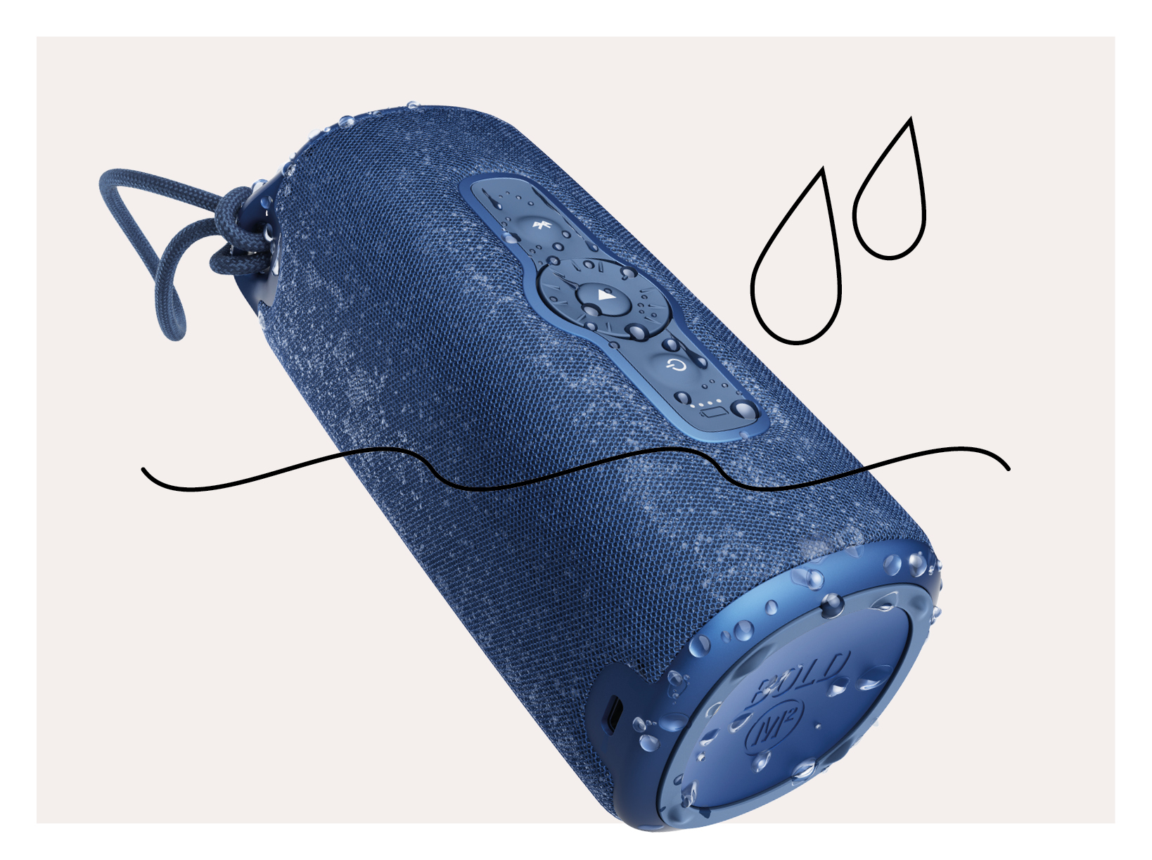 A blue cylindrical speaker with water droplets and a water wave drawn on the image.