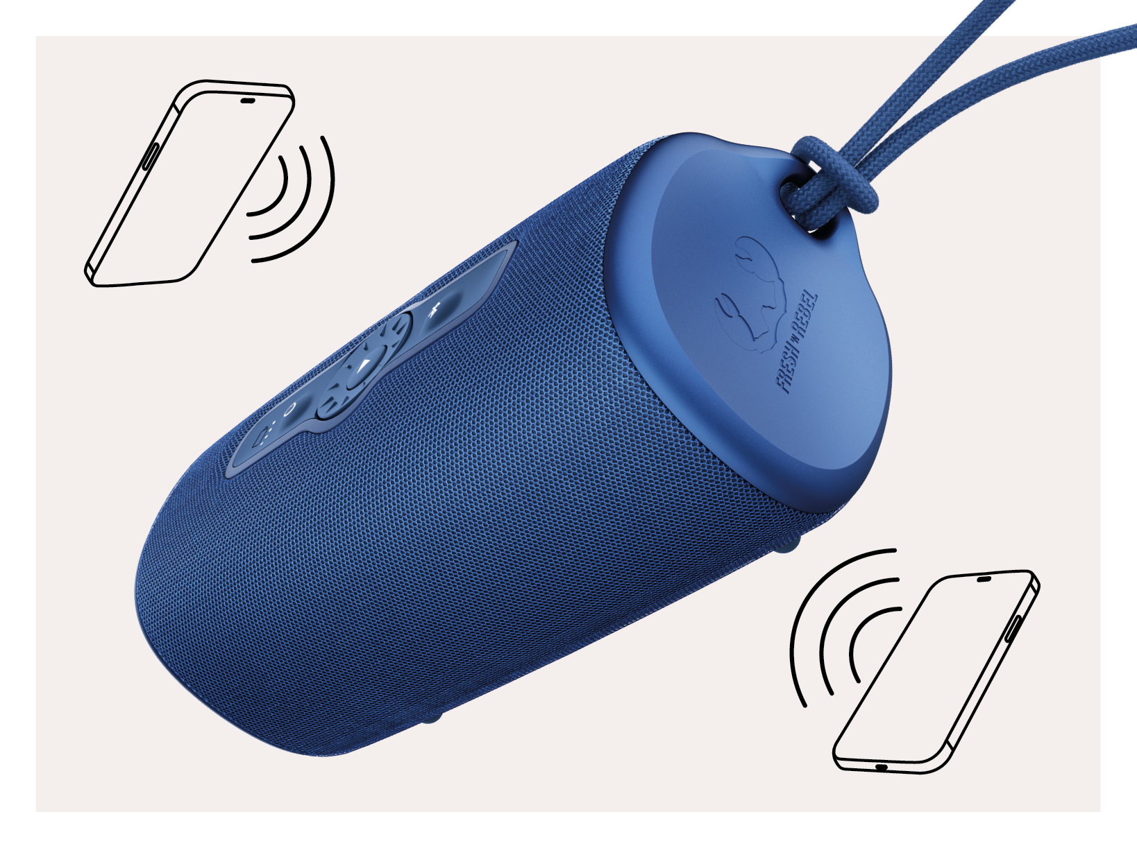 Blue speaker with phone icons and Fresh Rebel logo. Phone and speaker.