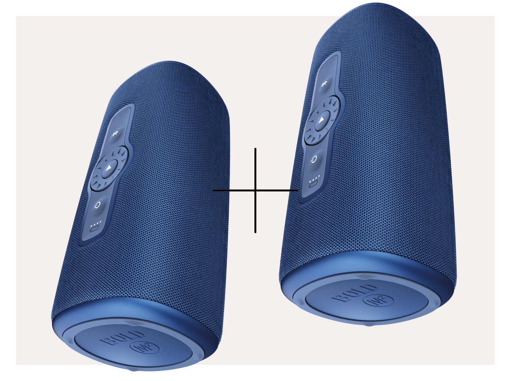 Two blue cylindrical speakers with control buttons, cross symbol in the middle.