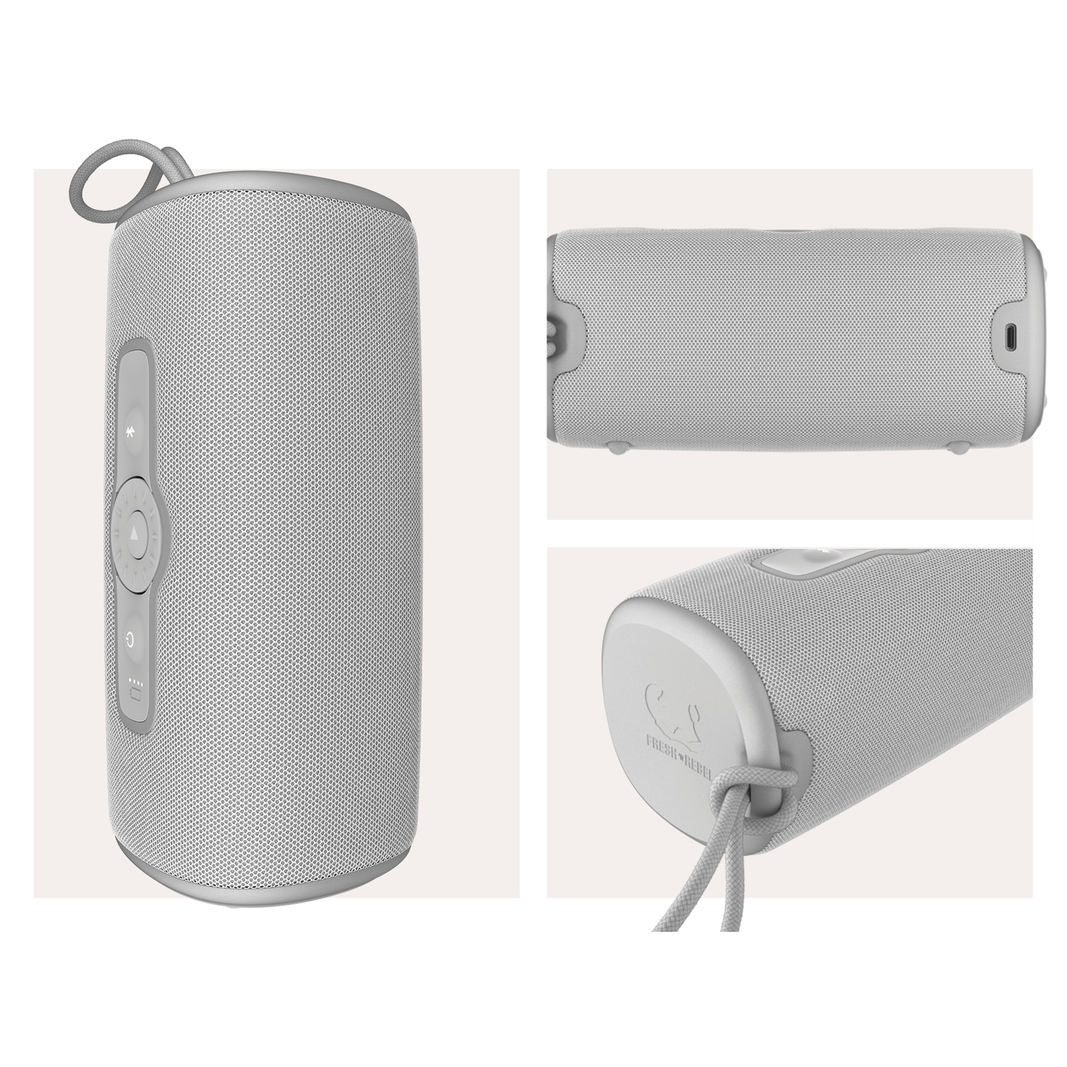 Three views of a light gray Fresh 'n Rebel speaker: front, top, and side, showing design details.