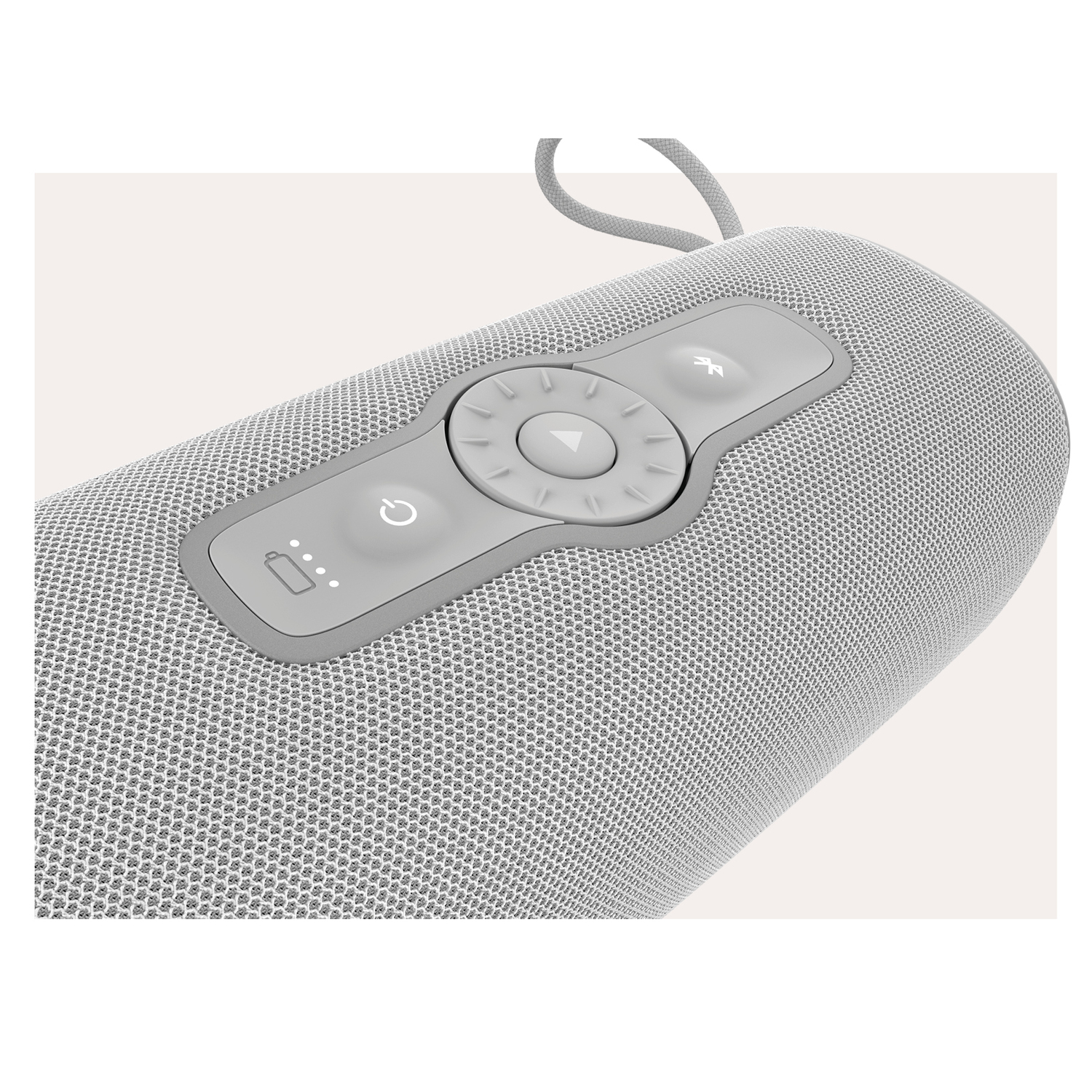 Close-up of gray speaker with control buttons. It has a mesh texture and a gray cord.