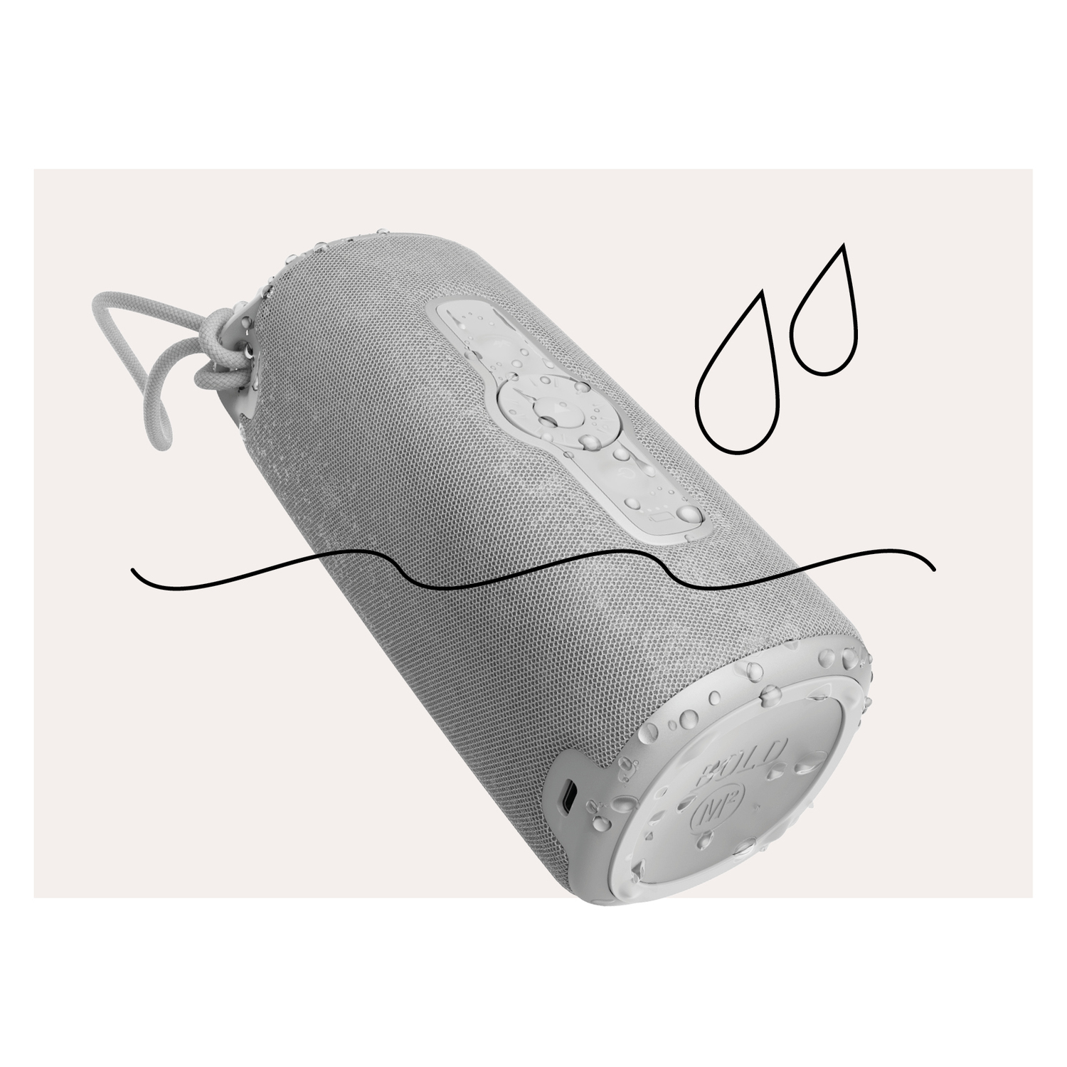 Grey, cylindrical waterproof speaker with water droplets and doodle rain.