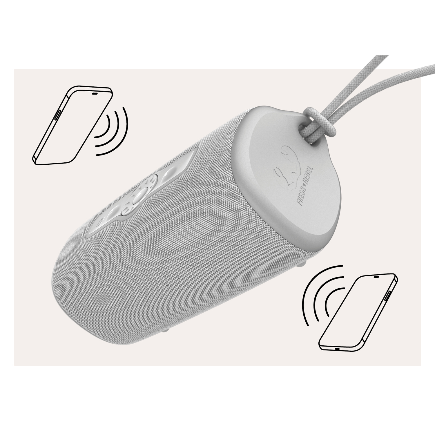 Gray portable speaker, with side buttons, and two phones with sound waves.