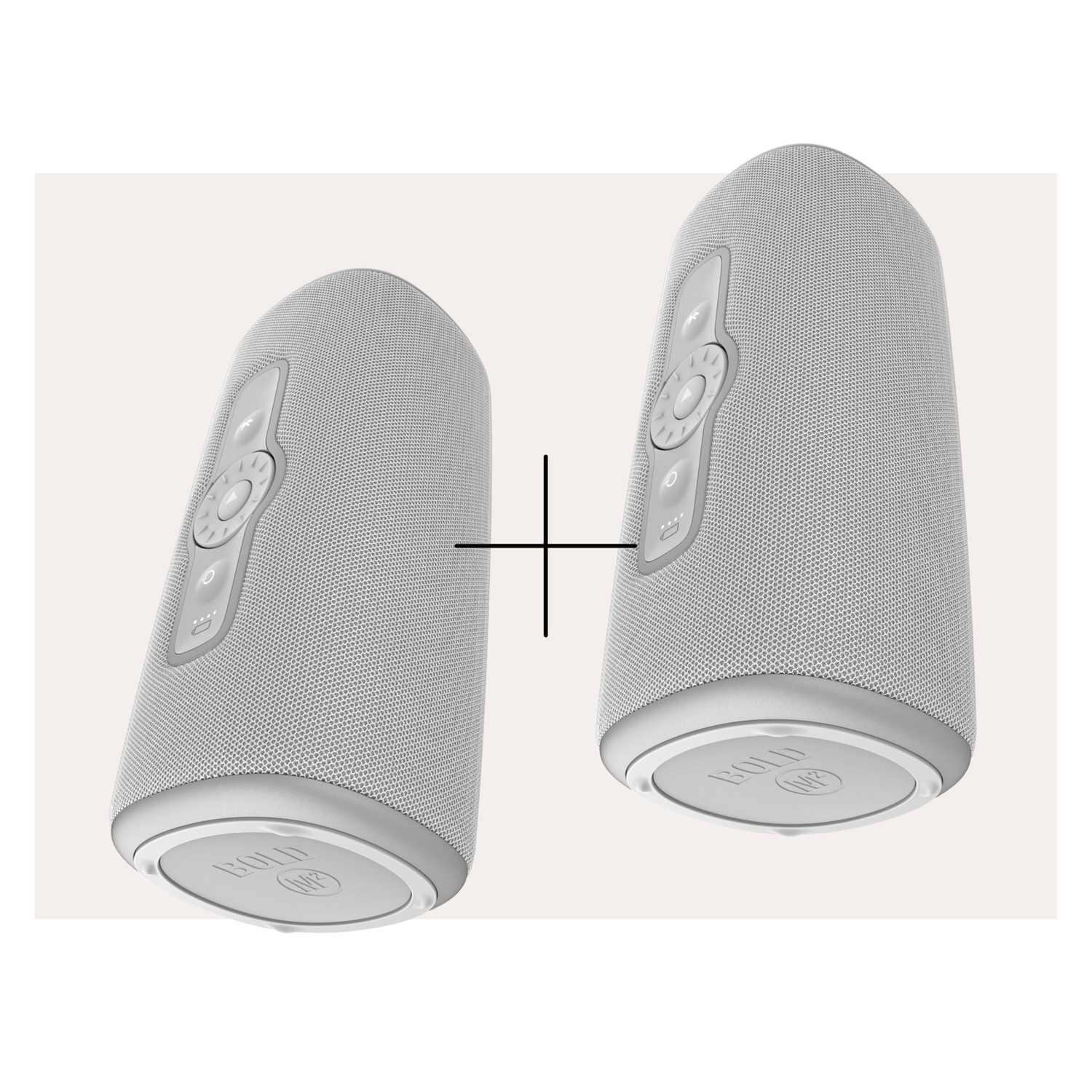 Two white speakers with a plus sign between them, against a light background.