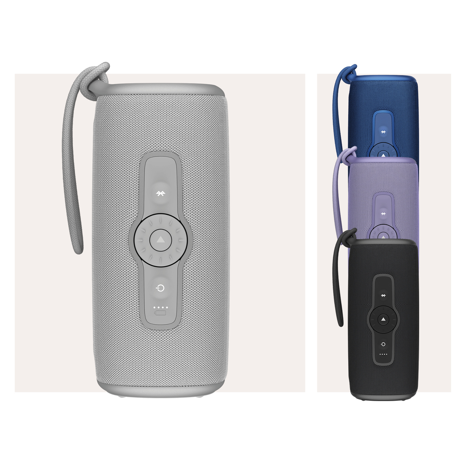 Three speakers. One gray speaker on the left and three speakers on the right, blue, purple and black.