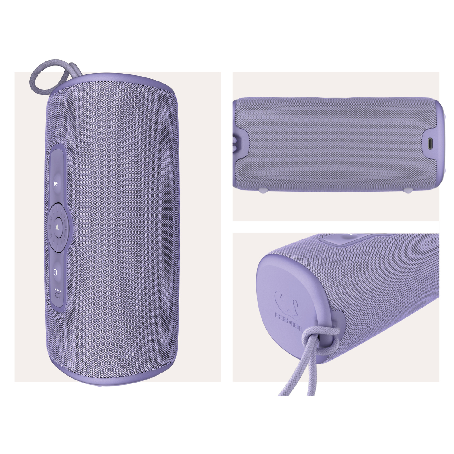 A purple cylindrical speaker with buttons, a loop, and multiple views.