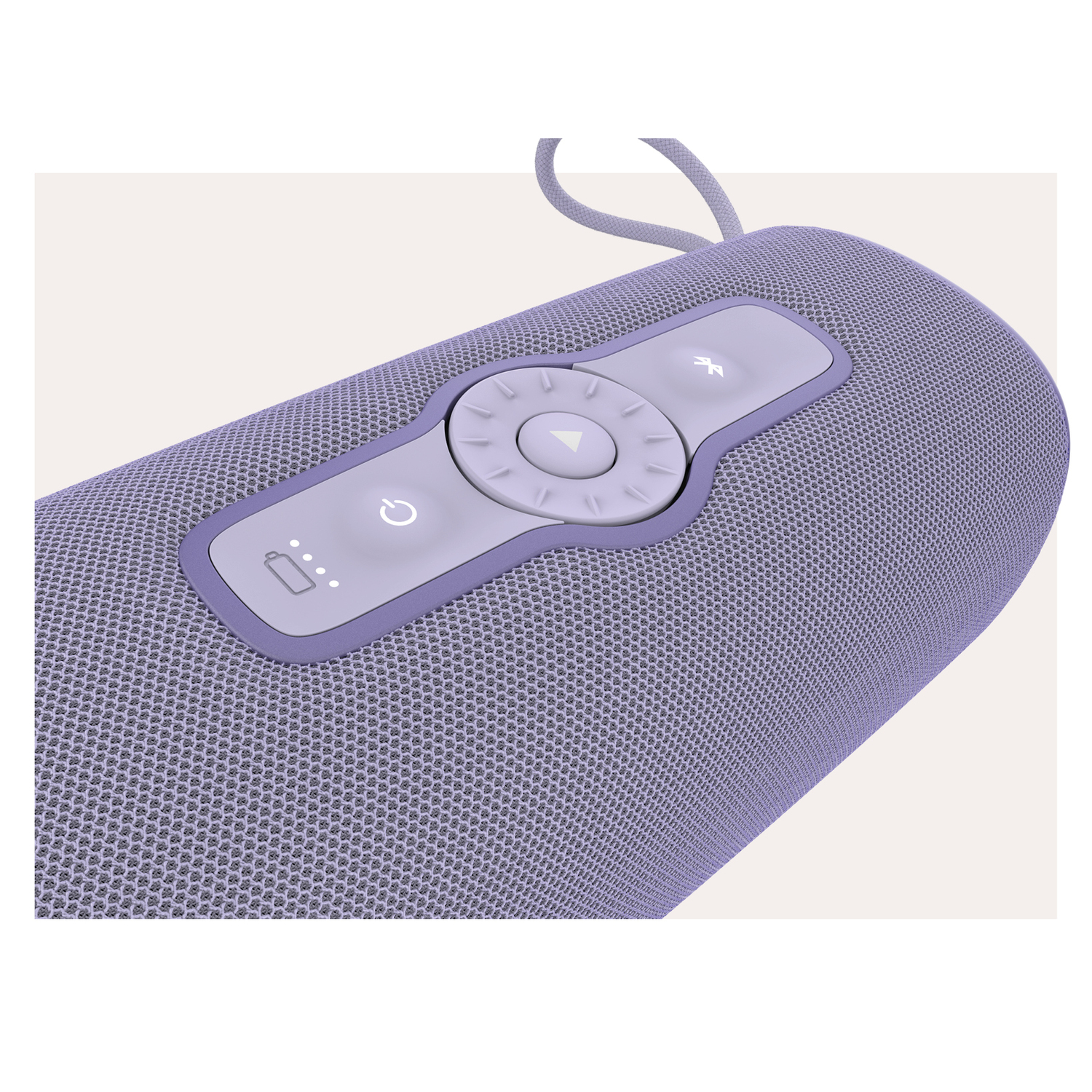 Lilac speaker with control buttons. White background.
