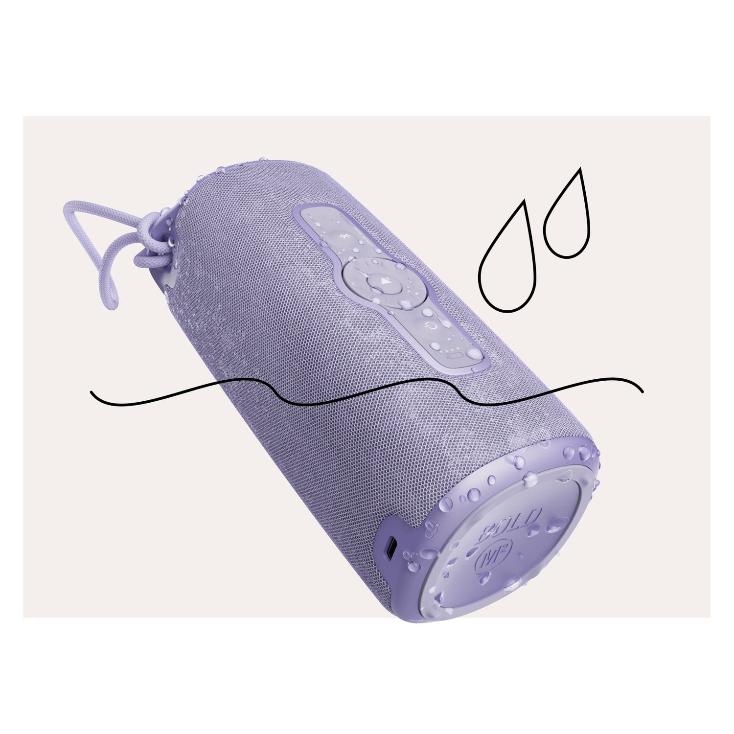 Purple speaker with water droplets and water lines, on a white background.