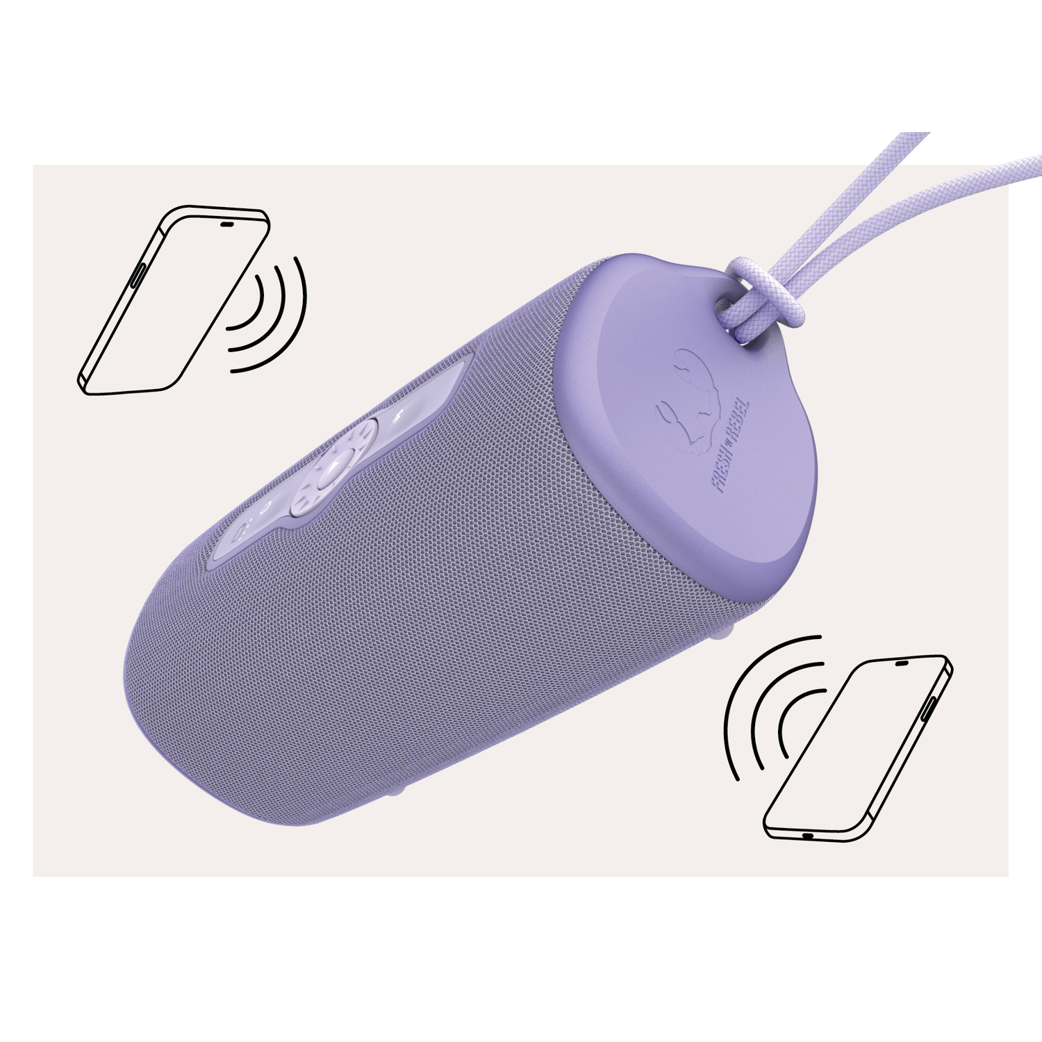 Lilac speaker with phone icons. A white cord loops through the top. The speaker is cylindrical.
