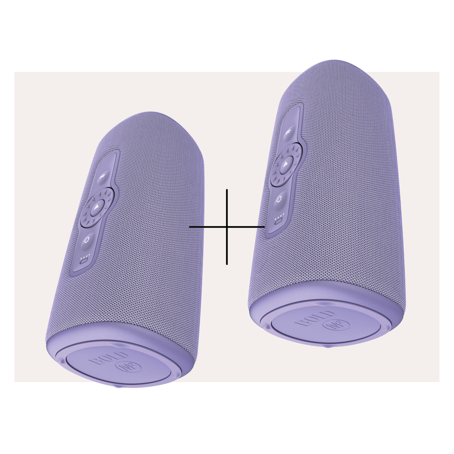 Two lavender-colored speakers, each with buttons and the word 'BOLD' on the bottom.