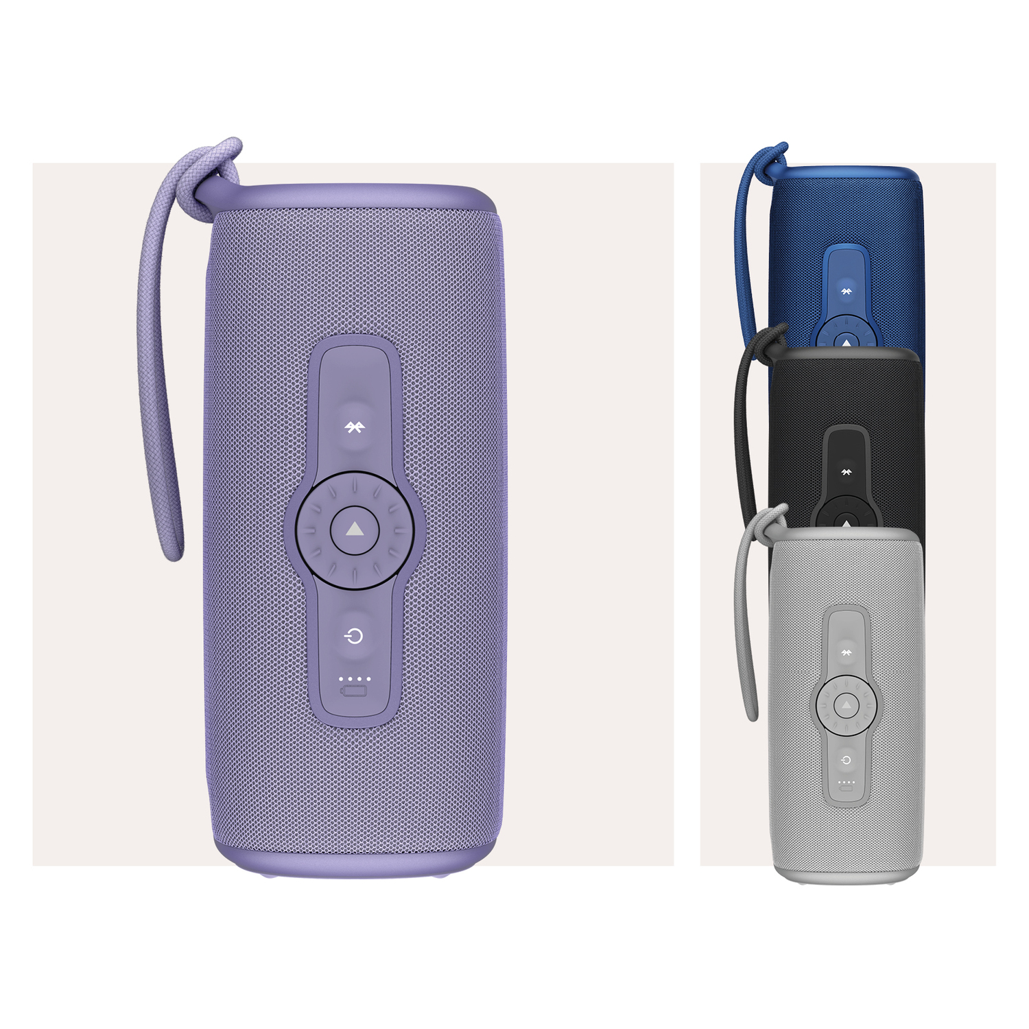 Purple speaker with a handle. The image shows three speakers of different colors.
