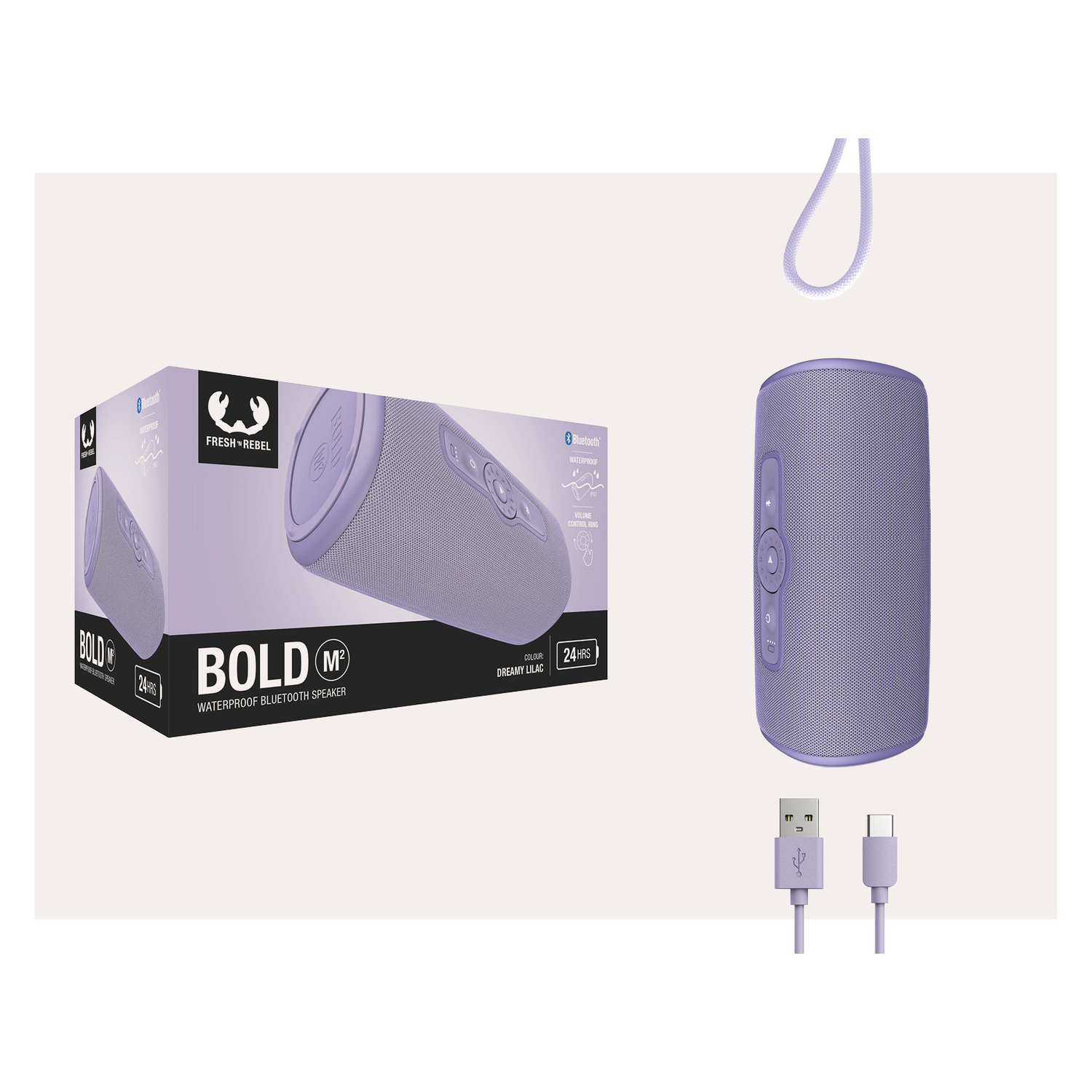Lilac speaker and box with text: 'BOLD' and 'WATERPROOF'.