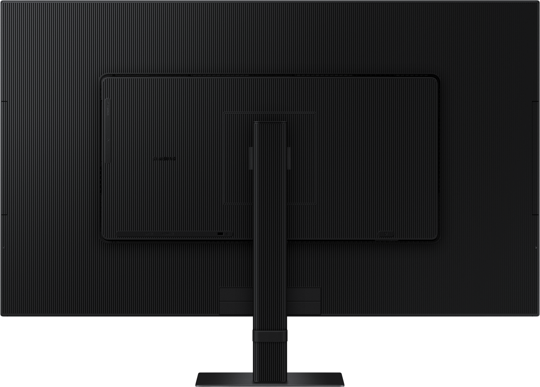 Arrière d'un moniteur noir. Il a des lignes verticales et le logo Samsung, avec un support attaché.