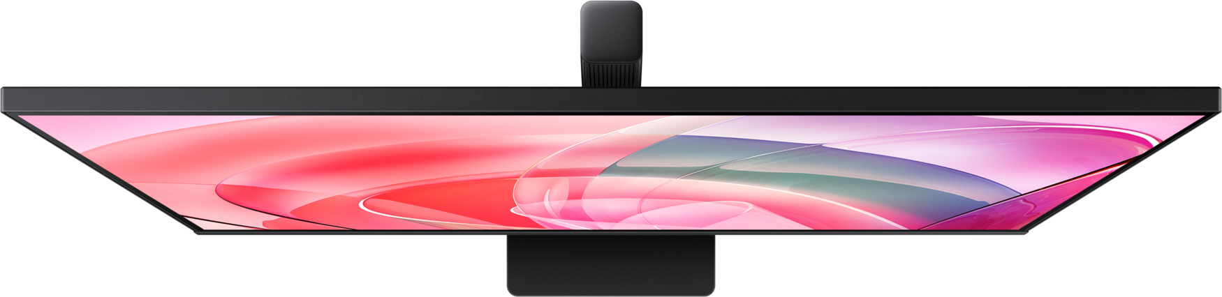 Vue aérienne d'un moniteur affichant un design abstrait coloré avec du rouge, du rose et du blanc.