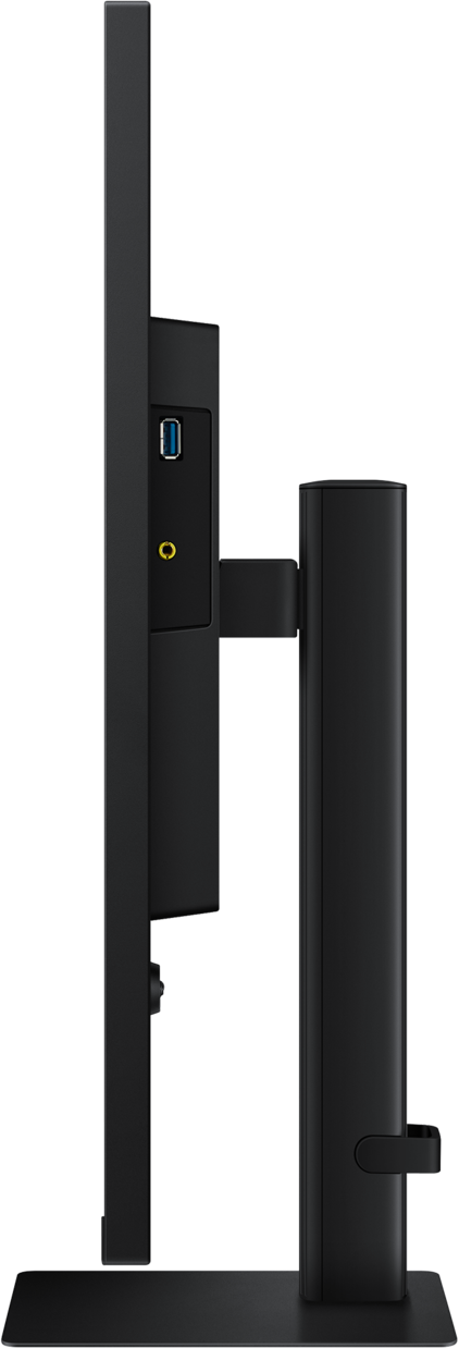 Vue latérale d'un moniteur noir avec un port USB, une prise casque et un support.