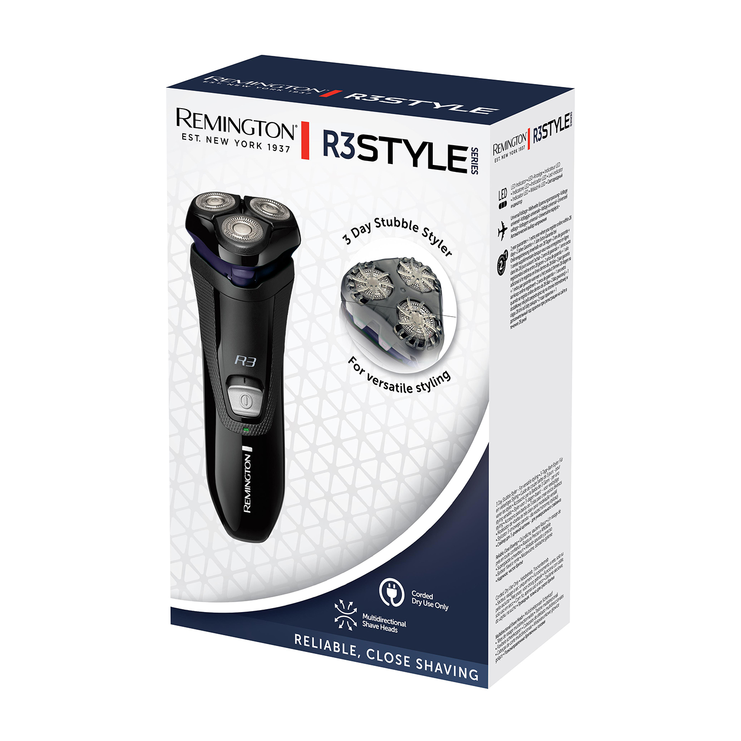 Rasoio Remington R3 Style nero e argento nella sua scatola.