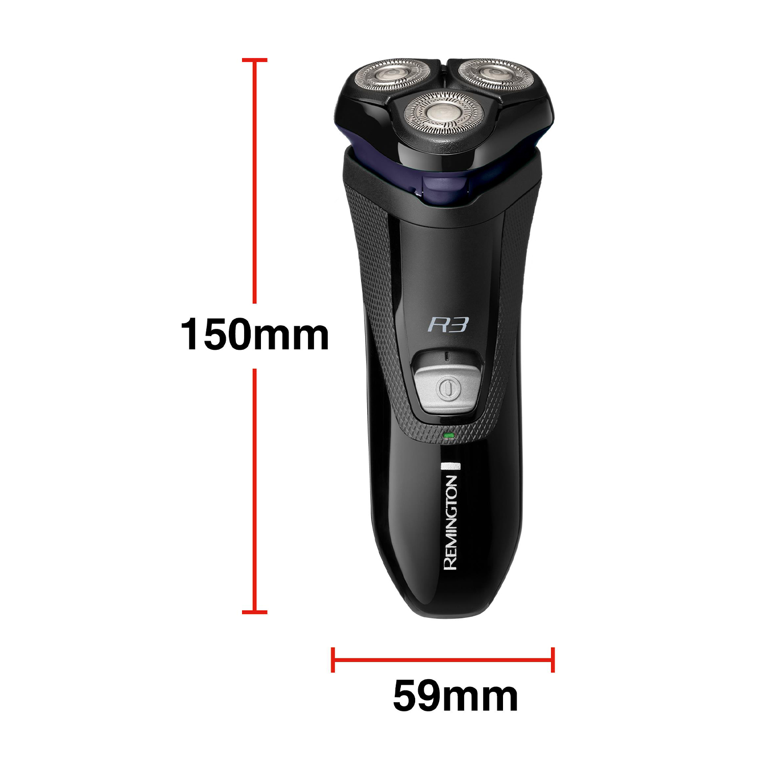 Rasoio elettrico Remington nero con tre testine. Dimensioni: 150 mm di altezza e 59 mm di larghezza.