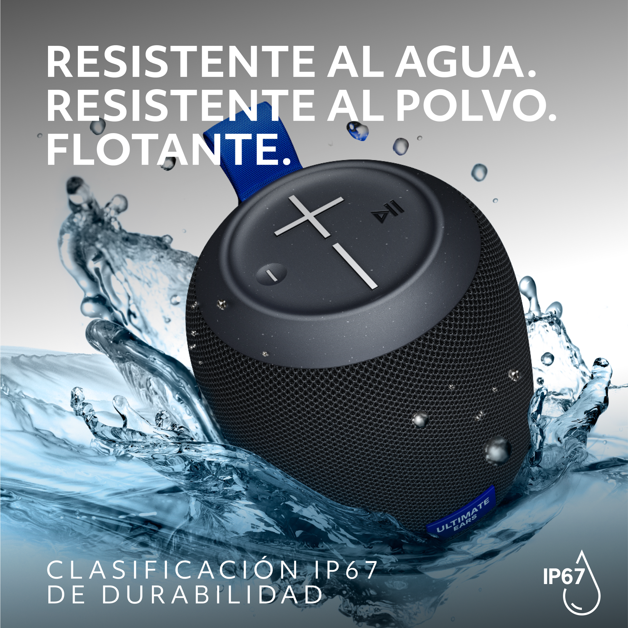 Altavoz negro impermeable en agua. Texto: resistente al agua, polvo, flotante, IP67.