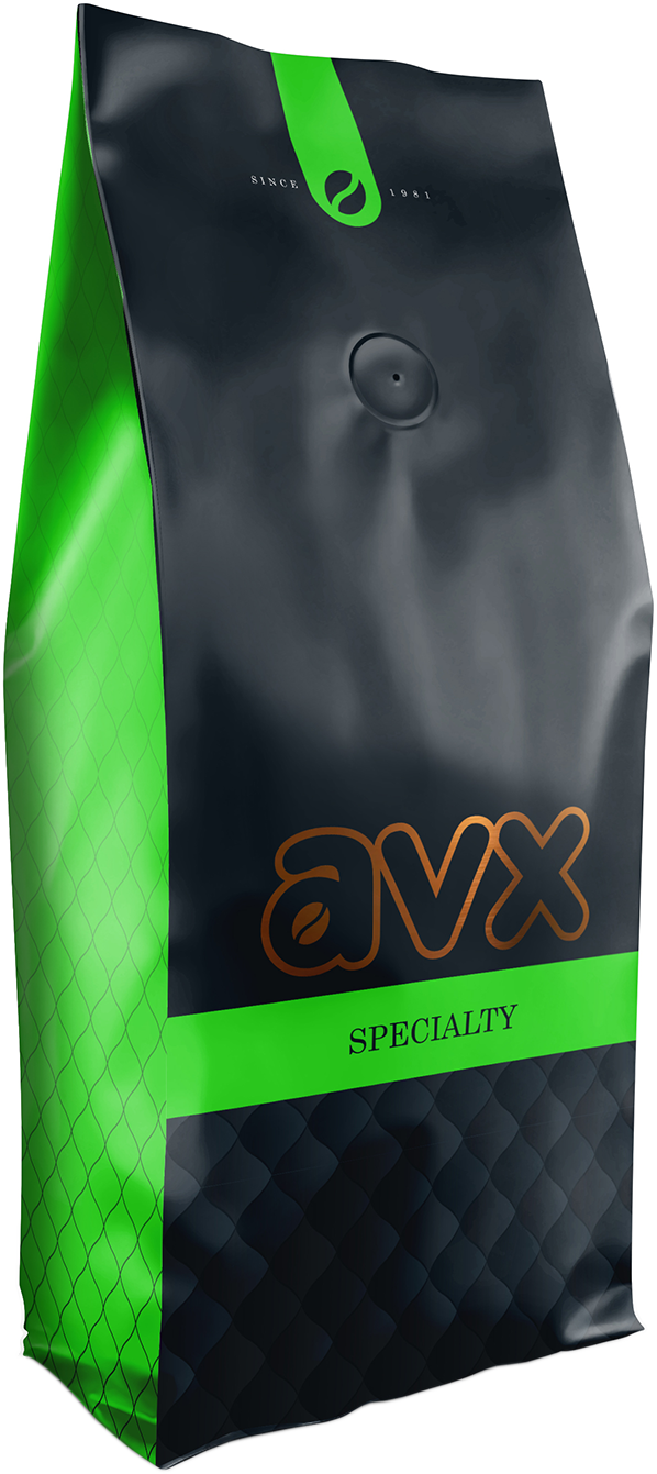 Fekete-zöld kávézacskó, "avx specialty" logóval.