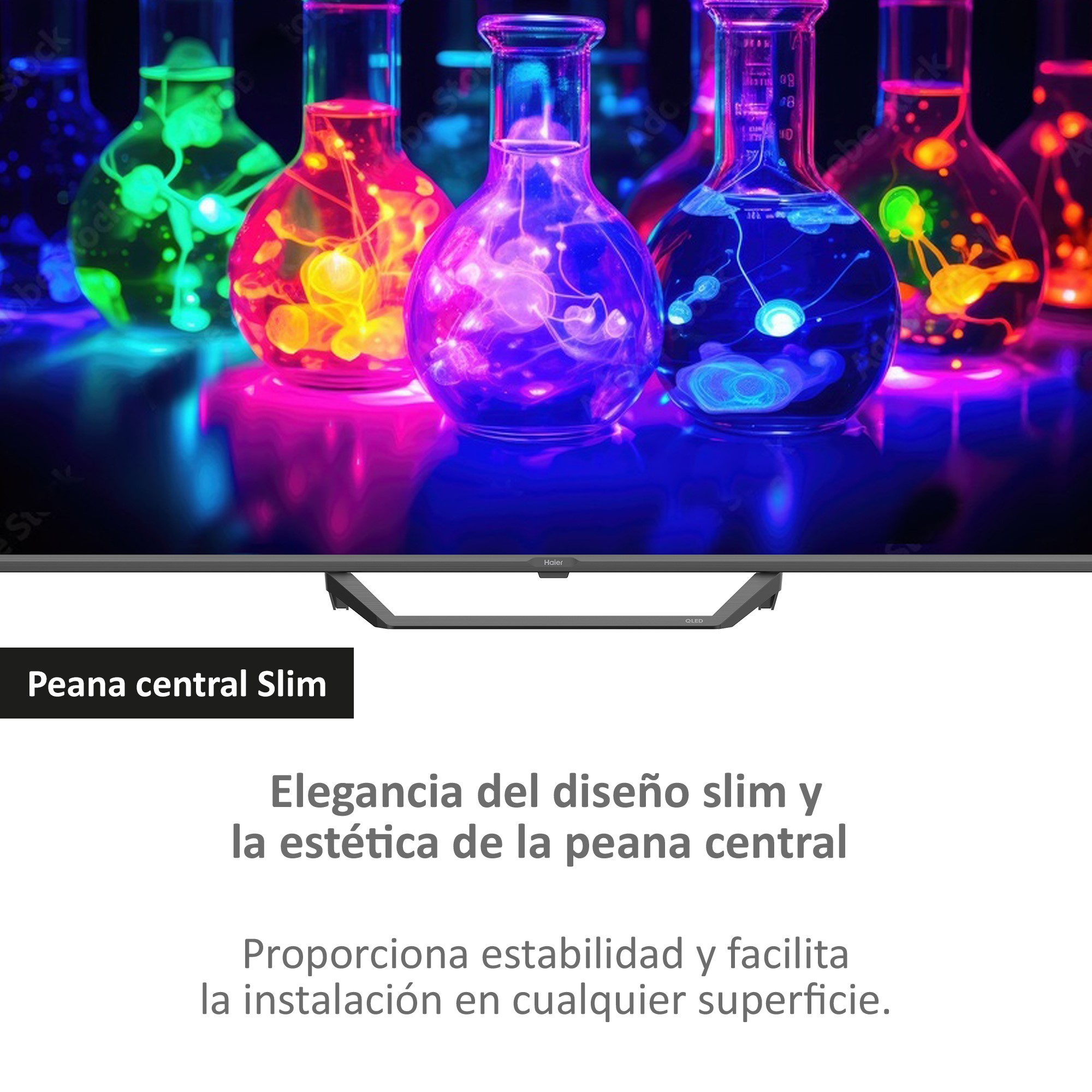 Una pantalla de TV que muestra líquidos coloridos en frascos de laboratorio. Debajo, texto sobre diseño.