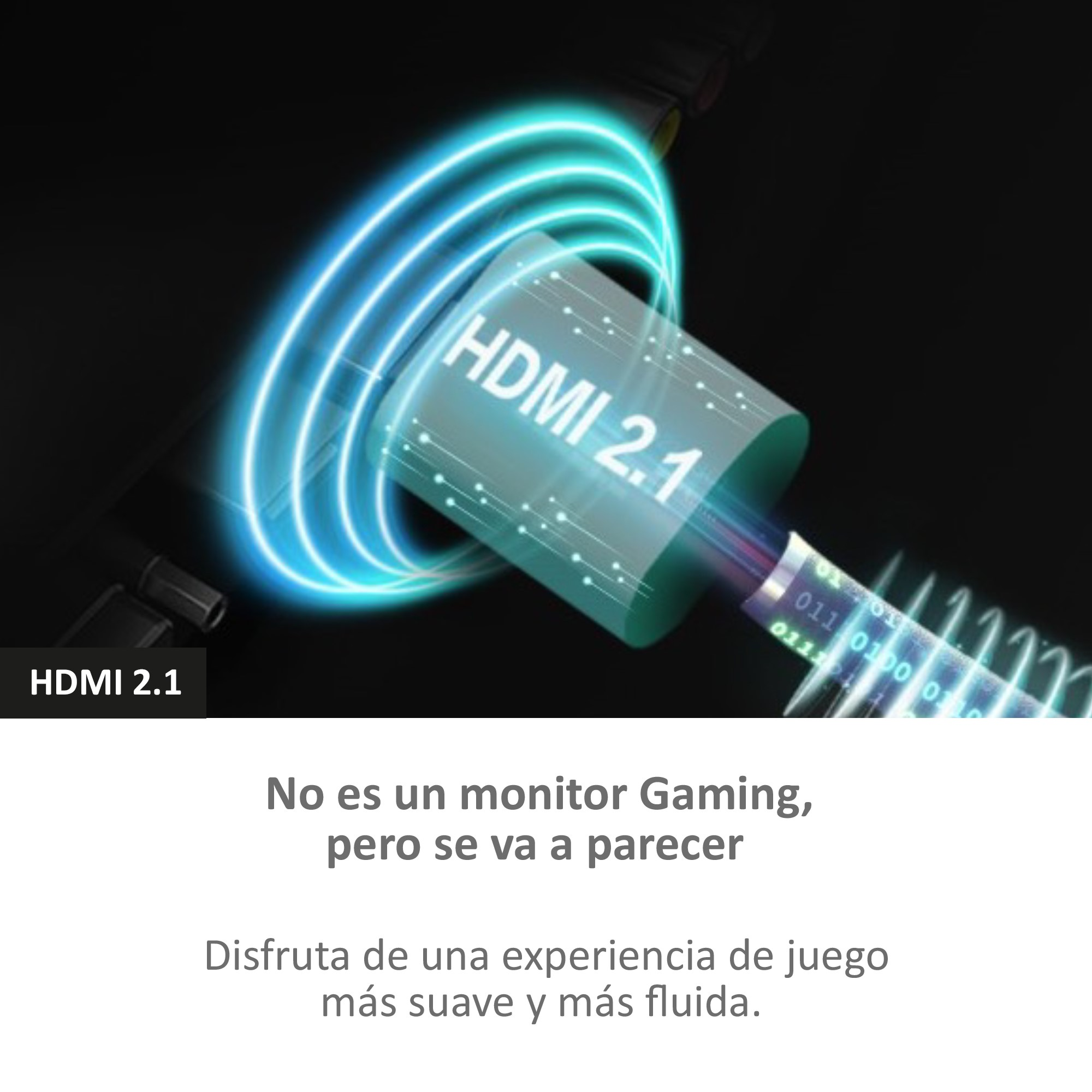Cable HDMI 2.1 con efecto brillante, con texto superpuesto. Arco azul brillante rodea el cable.