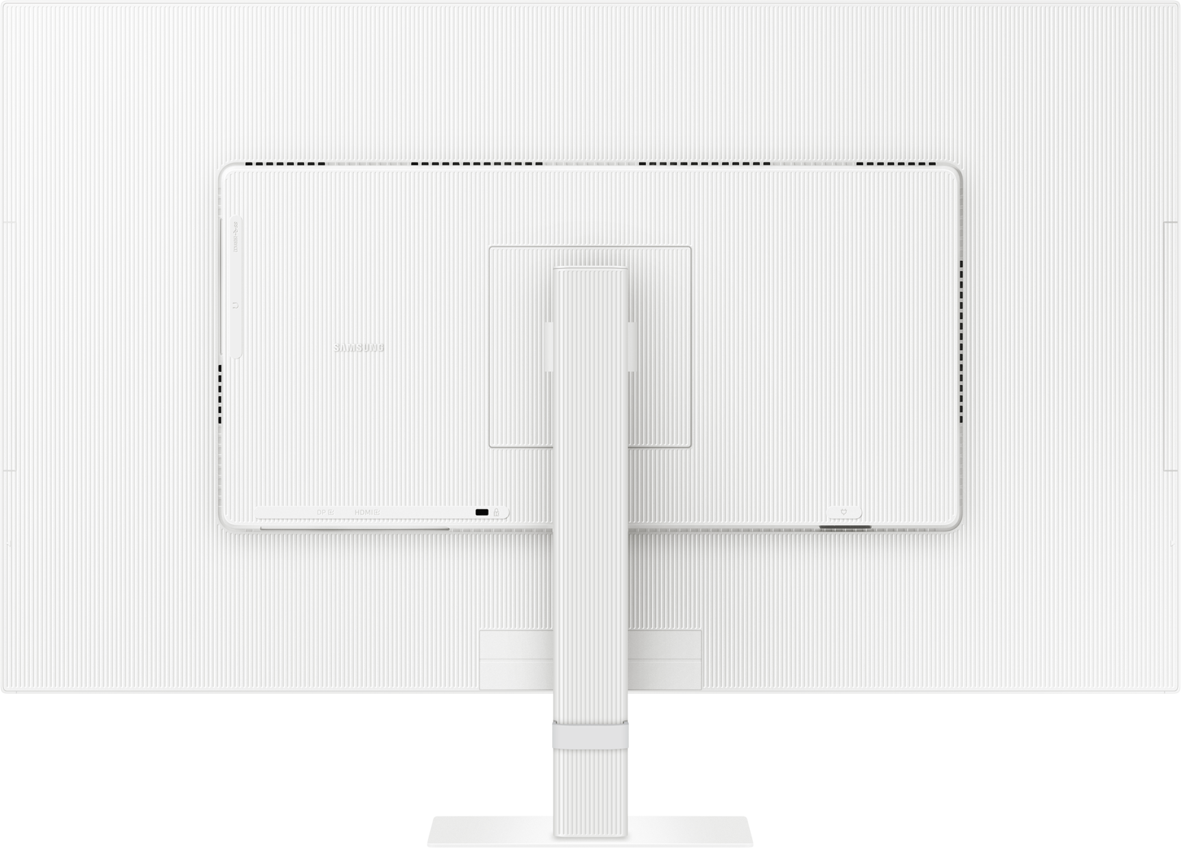 Arrière d'écran blanc avec logo Samsung et ports. Lignes verticales.