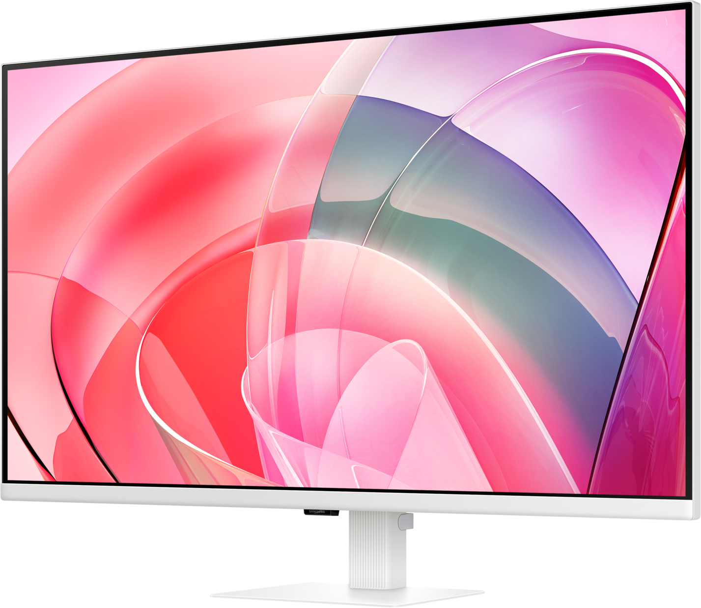 Moniteur blanc avec écran incurvé affichant un tourbillon de couleurs rouge, rose et violet.