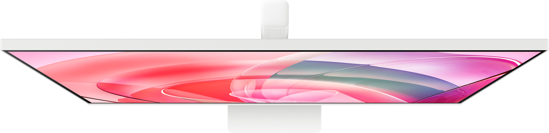 Moniteur d'ordinateur, vue de dessus, avec un affichage d'art abstrait coloré et un support blanc.