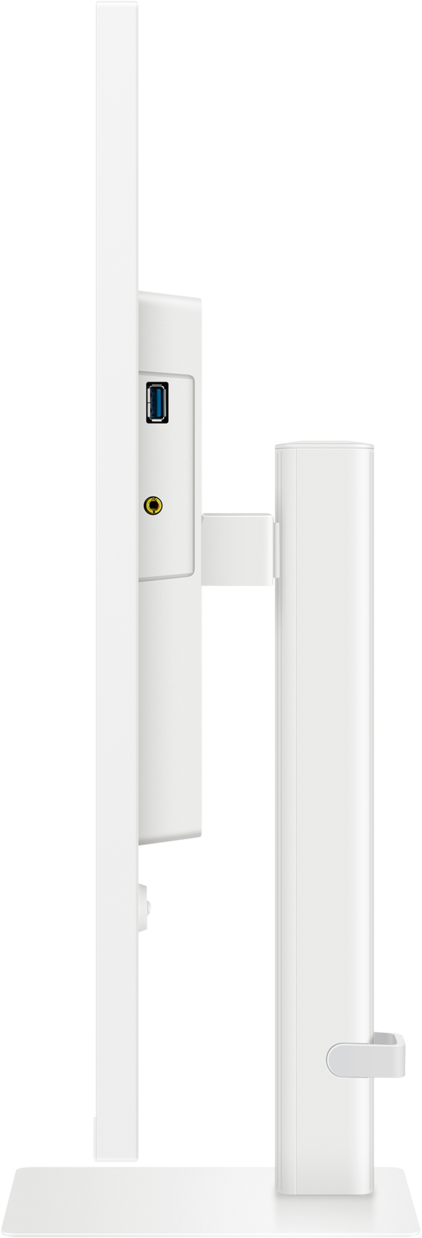 Vue latérale d'un moniteur d'ordinateur blanc, montrant les ports et la structure de support.