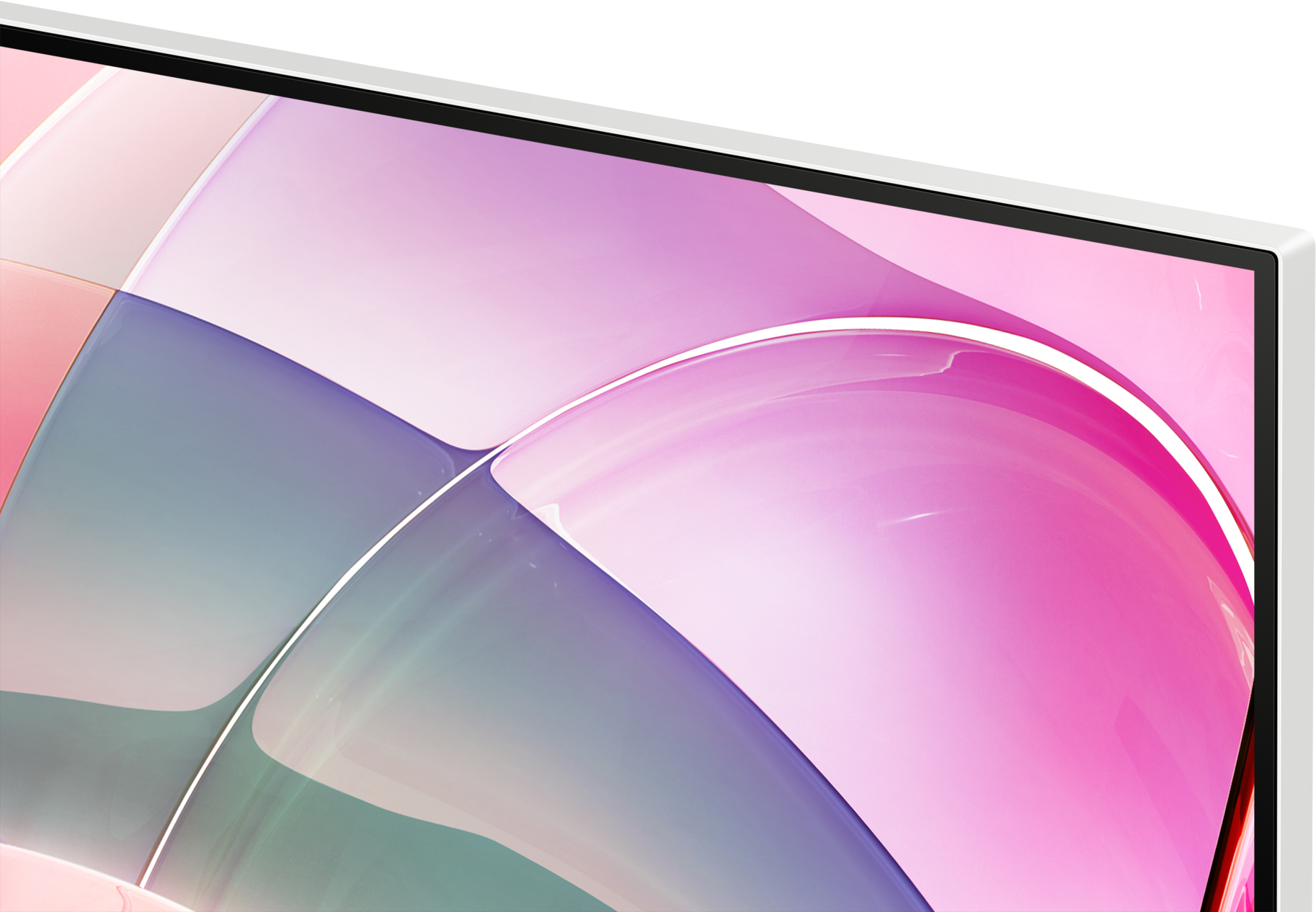Gros plan sur un écran incurvé, avec des couleurs rose, violet et blanc.