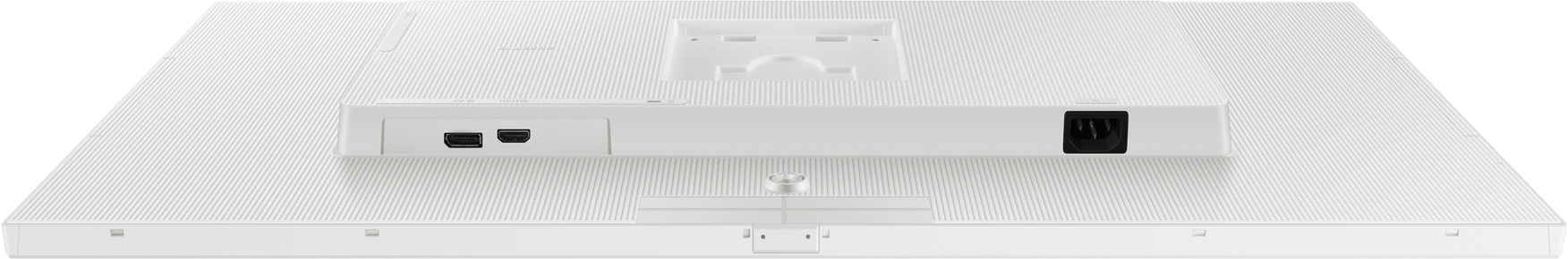 L'arrière d'un moniteur d'ordinateur blanc, montrant les ports HDMI, USB et un port d'alimentation.