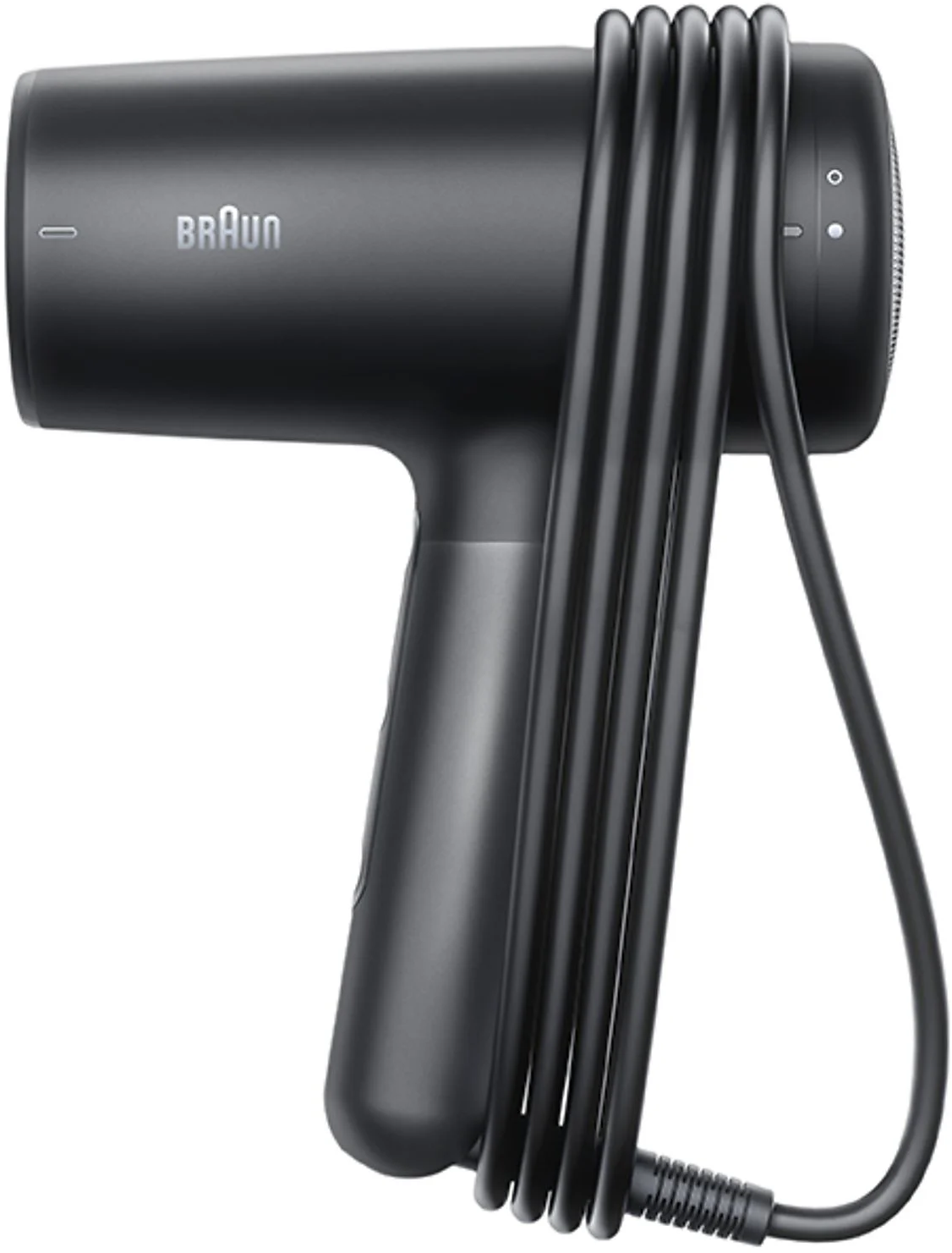 Un sèche-cheveux Braun noir avec un cordon enroulé.