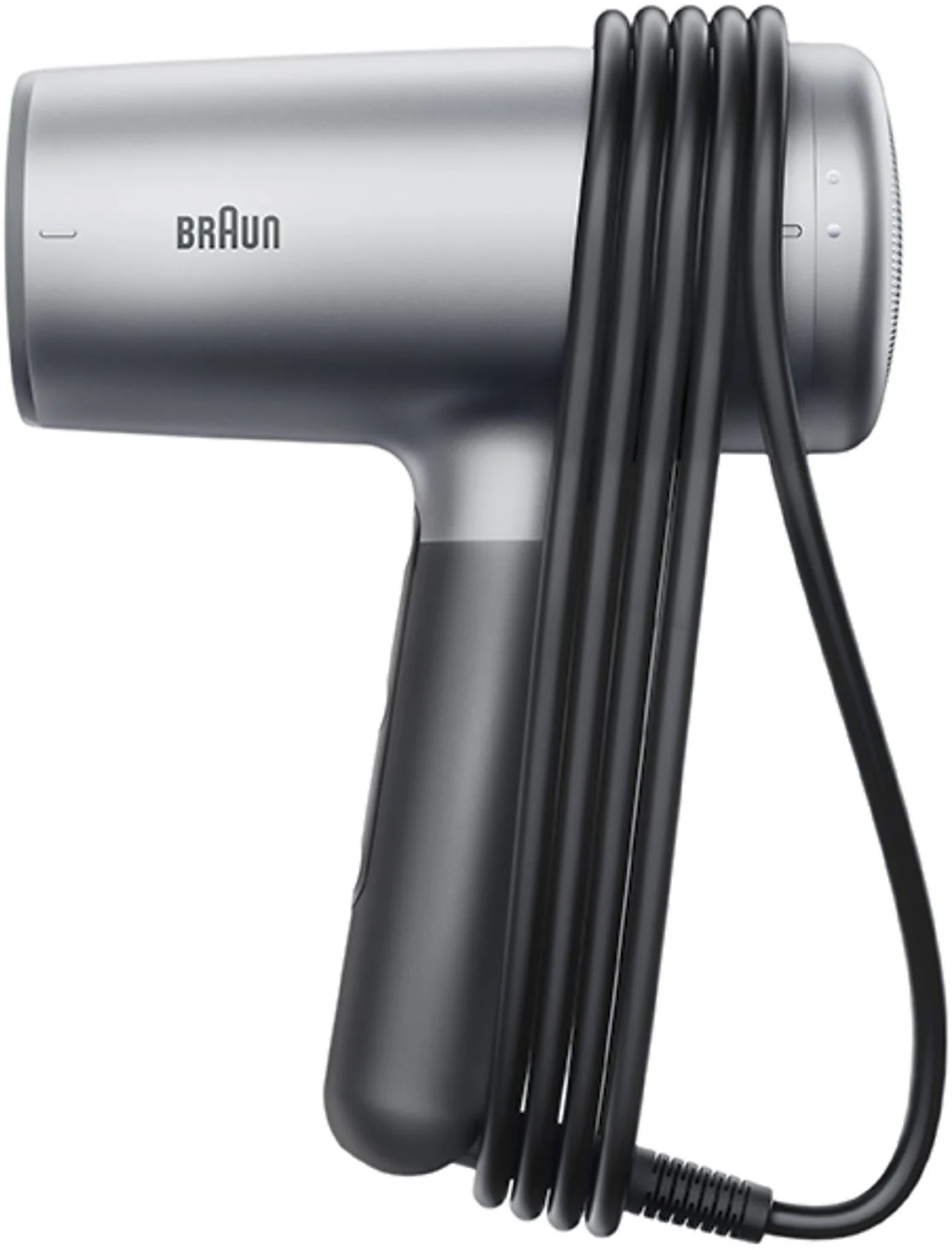 Ein silberner Braun-Haartrockner mit schwarzem Griff und umwickeltem Netzkabel.
